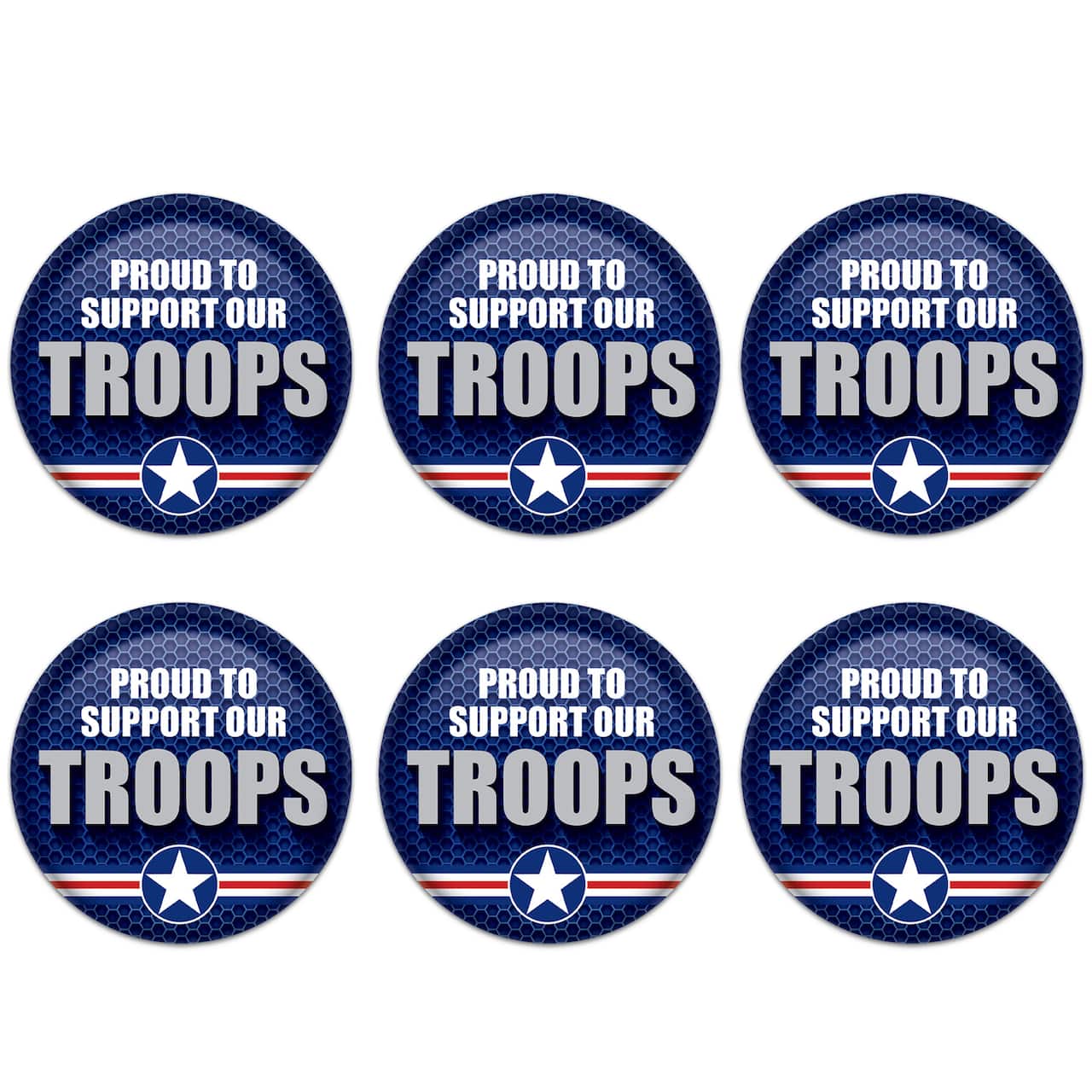 Beistle 2" Blue & Silver Proud To Support Our Troops Buttons, 6ct.